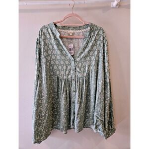 Cloth & Portrait Peasant Blouse Green Mixed Floral Balloon Sleeve Womens XXL New